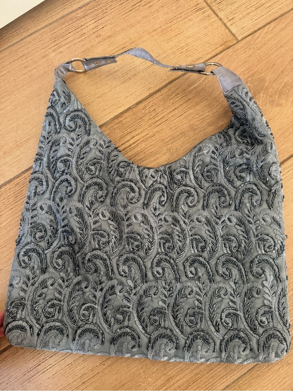 Vintage Y2K Unbranded Beaded Swirl Pattern Shoulder Slouch/Hobo bag in Gray/Blue